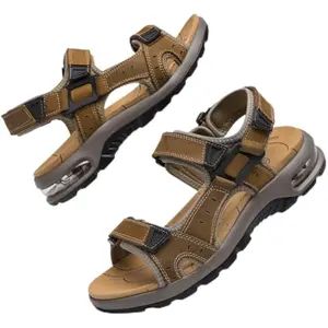 Men's Beach Sandals Leather Open Toe Water Shoes Outdoor Sport Hiking Sandals with Adjustable Strap Air Cushion for Summer