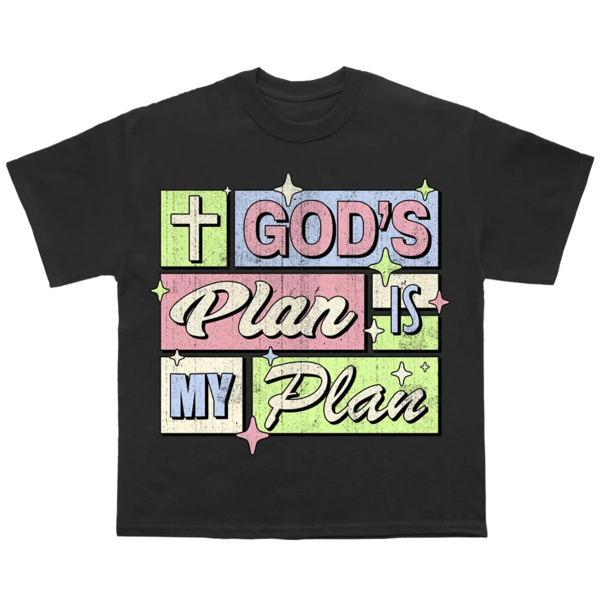 Vintage Gods Plan Is My Plan T-Shirt - Retro Colorful Block Pastel Cross Graphic Tee - Unisex Graphic T-Shirt 100% Cotton, Unisex Shirt Menswear Womenswear Streetwear Cotton Comfort
