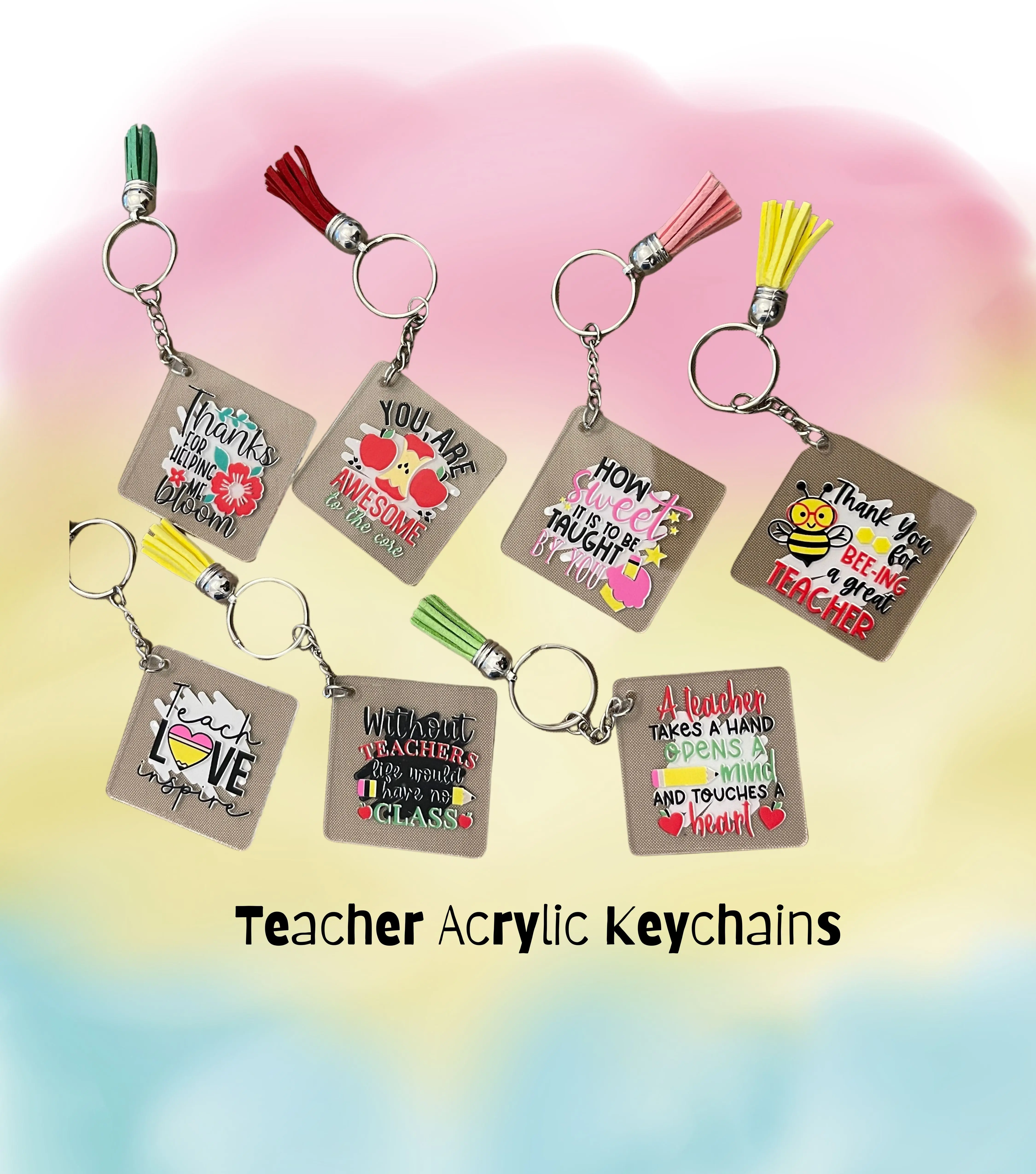 Inspirational & Funny Teacher Acrylic Keychains Durable UV Stickers and Tassel 1.96" Square