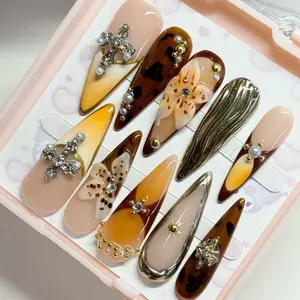 Nailennium MOCHA LATTE Premium Handmade Press On Nails | 10pcs Press On Nails | Long nails | Almond nails | Short nails | Stiletto nails | Ballerina nails | Square nails | Coffin nails | Acrylic nails I Cute | Glossy nail art nail stick reusable press pre