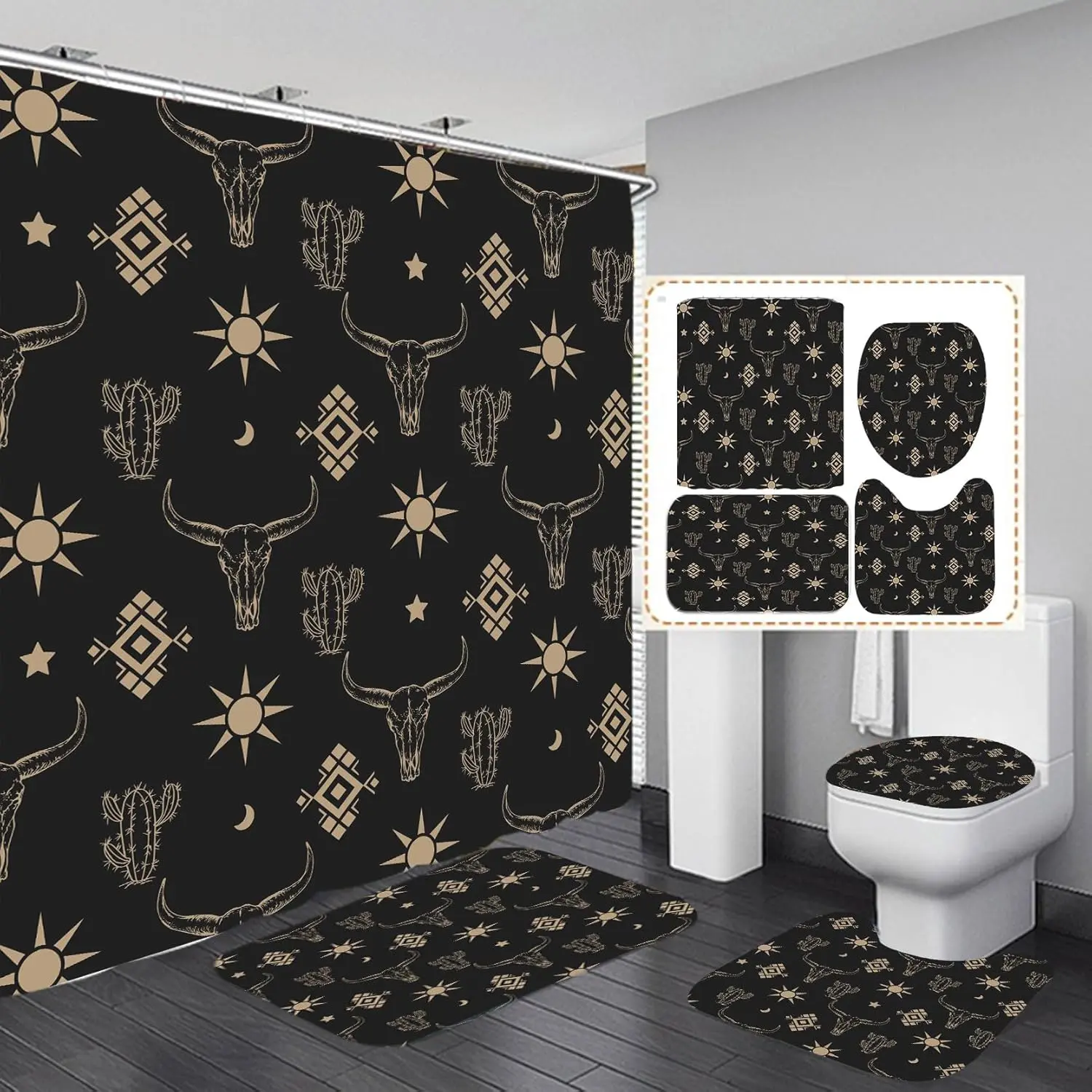 Geometric Bull Head Pattern Bathroom Accessories, 4 Pcs/Set Including Shower Curtain & Toilet Lid Cover & Mat & Toilet U-shape Mat Set, Bathroom Decor And Accessories, Shower Essentials