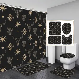 Geometric Bull Head Pattern Bathroom Accessories, 4 Counts/set Including Shower Curtain & Toilet Lid Cover & Mat & Toilet U-shape Mat Set, Bathroom Restroom Decoration Accessories, Home Goods, Showercurtain, Shower Essentials