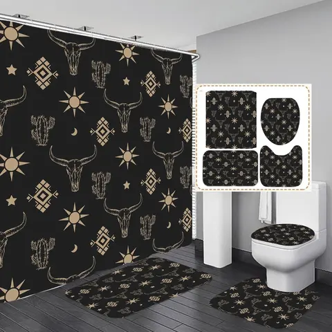 Geometric Bull Head Pattern Bathroom Accessories, 4 Pcs/Set Including Shower Curtain & Toilet Lid Cover & Mat & Toilet U-shape Mat Set, Bathroom Decor And Accessories, Shower Essentials