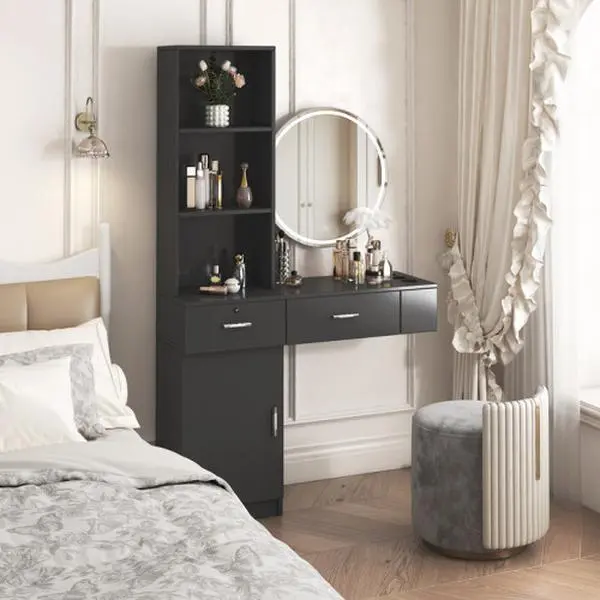 Modern minimalist hairdressing desk with multi-layer storage shelves, large capacity organizer for salon, barbershop, studio or home vanity makeup station.