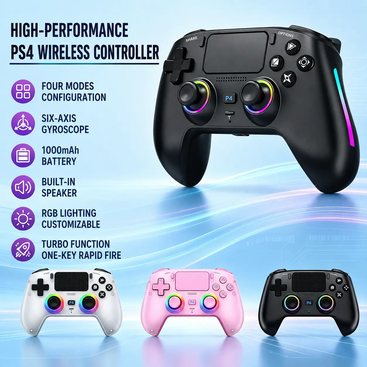 Wireless Gamepad Remote Controller for PS4, Battery-Powered Video Game Accessory with Hall Effect Joysticks, Color Changing RGB Lighting, Turbo Fire, Macro Programming, Dual Vibration, 1000mAh Battery sohochic