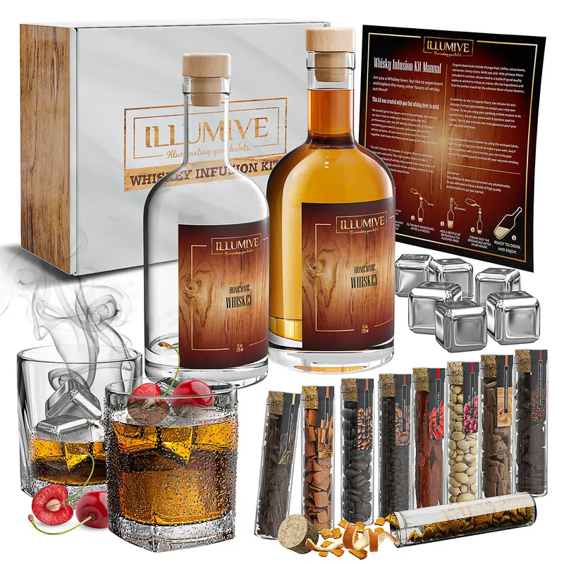 Illumive Whiskey Infusion Kit – Deluxe Whiskey Gift Set with 2 Glasses, 2 Custom Bottles, 6 Chilling Stones, 3 Premium Wood Chips & Botanicals – Perfect for Men’s Gift, Dad, Cocktail Lovers