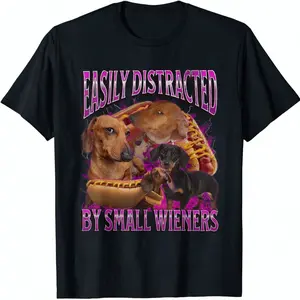 100% Cotton Short-Sleeve Round Neck Casual Streetwear Top, Funny Dachshund-Themed Shirt with "Easily Distracted By Small Wieners" Slogan