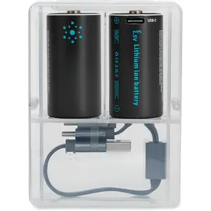 Rechargeable C  with USB Charger by Pale Blue, Lithium Ion 1.5v 2800 mAh, Charges Under 3.5 Hours, Over 1000 Cycles, 2-in-1 USB to USB-C  , LED Charge , 2-Pack