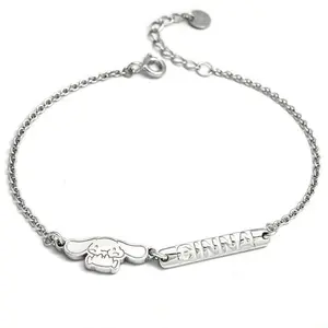 SANRIO Cinnamoroll Silver Chain Bracelet – Cute Charm with Name Bar and Cinnamoroll Pendant, Perfect Jewelry for Sanrio Fans