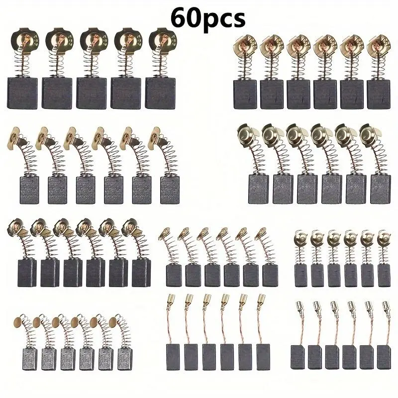 Multi-Size 60-Pcs/Box Graphite Motor Carbon Brushes Tool Kit Upgrade, 10 Sizes (5x8x15 mm, 7x17x19 mm) - Replacement Parts for Impact Drills, Circular Saws, Angle Grinders, 60Pcs/Box, Set Heavy Duty Set