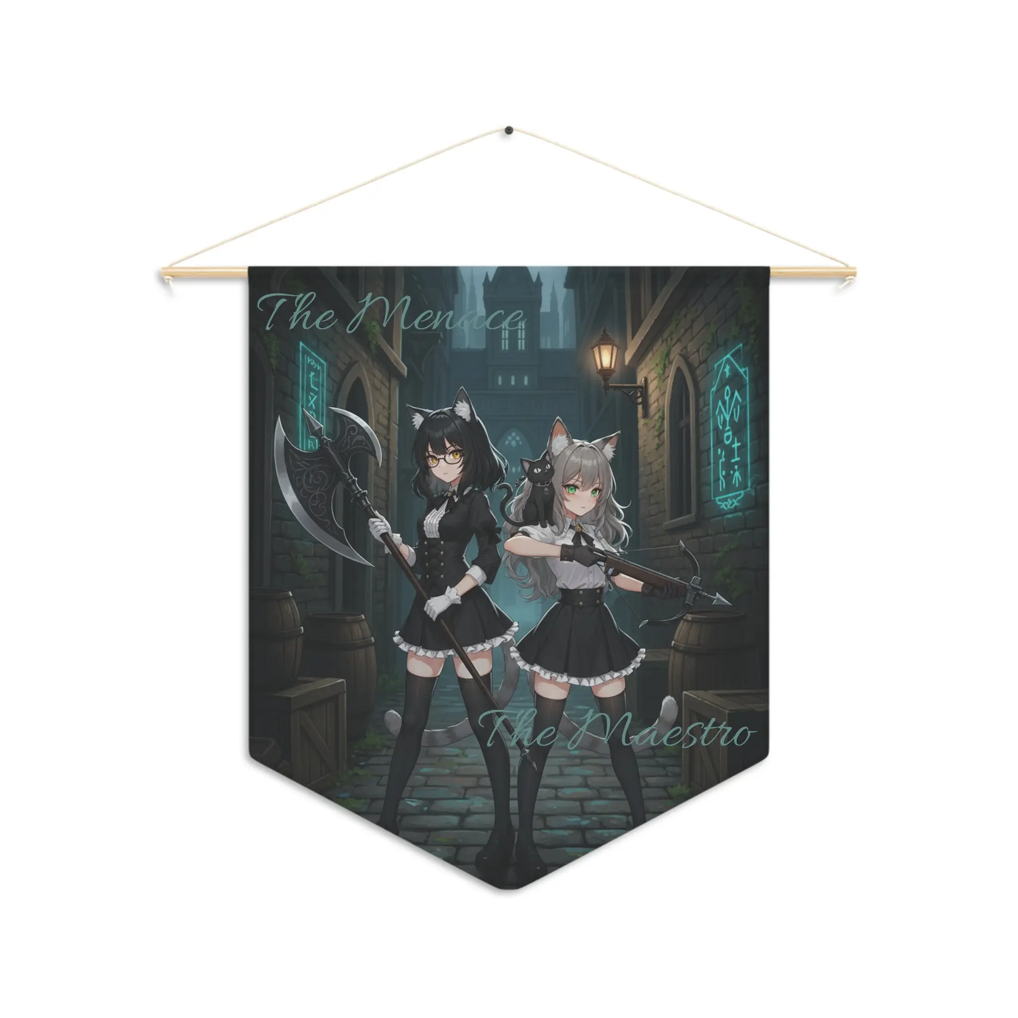 Pennant Wall Art, The Menace and The Maestro, Cat Girls Mafia Decor, Hanging Banner, Unique Flag