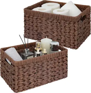Wicker Storage Baskets for Shelves, Woven Baskets for Organizing, Waterproof Rectangle Woven Basket for Pantry, Brown, 2-Pack