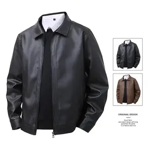 Leather Jacket Men's Slim Fit Lapel Casual Jacket Men's Top Windproof Casual Jacket Menswear Coats Long Sleeve Plain Black,Gift