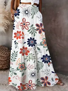 Boho Floral Print Tiered Maxi Skirt with Pockets, Elastic High Waist Drawstring Long Flowy A-Line Skirt for Women, Casual Summer Beach Bohemian Skirts
