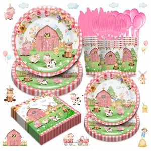 168pcs Farm Animal Party Supplies Tableware Set - Farm Birthday Baby Shower Decorations Include Dinner Plates, Cups, Napkins, Cutlery, Farm House Animal Barnyard Theme Party Supplies | Serves 24