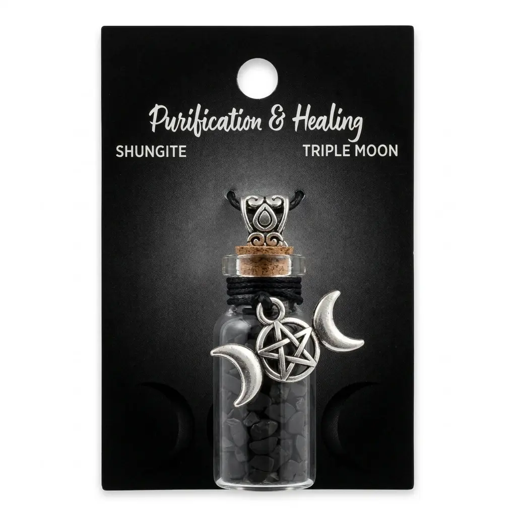 Shungite Chips Bottle Necklace with Triple Moon Charm — Grounding Crystal Pendant