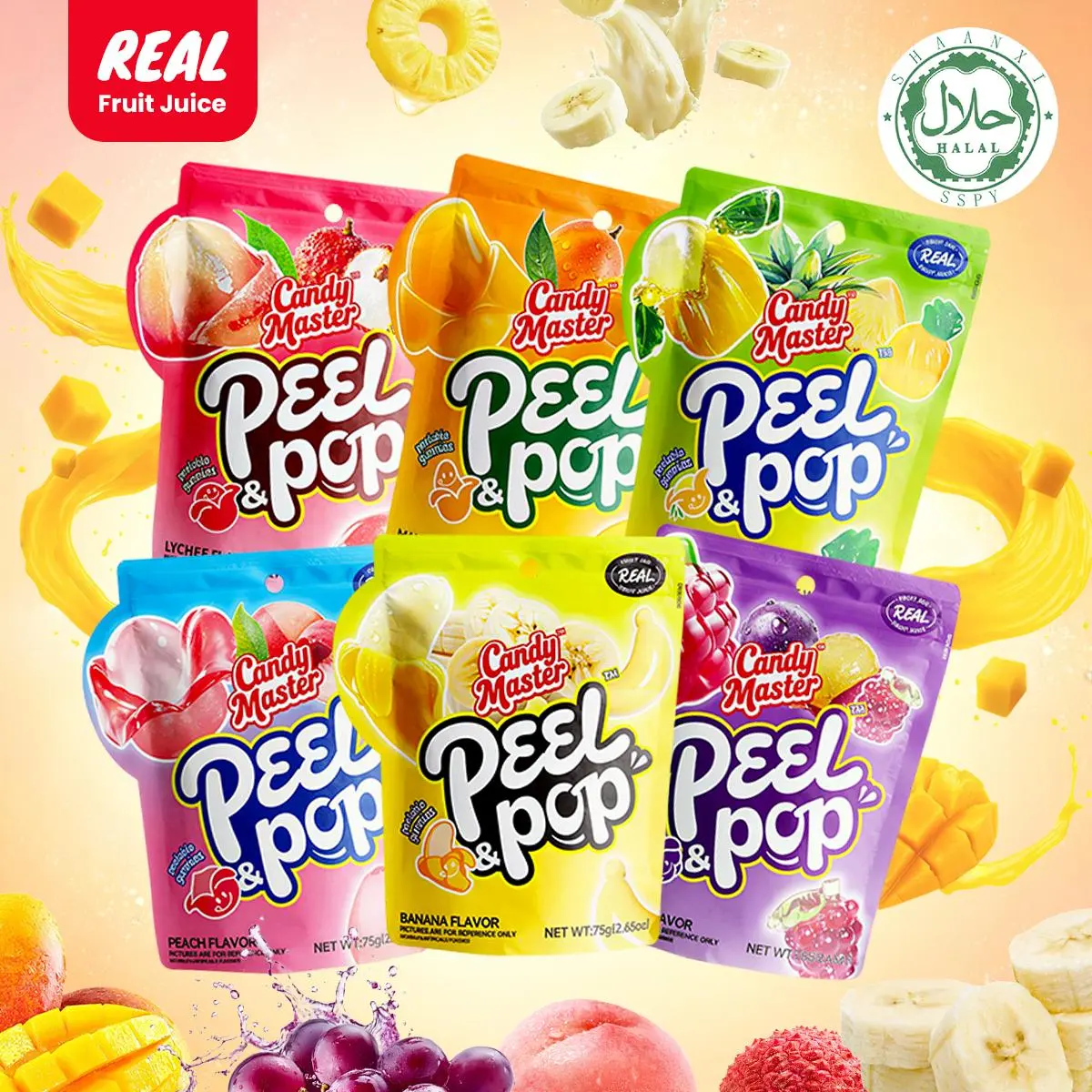 Candy Master Peelable Gummy Candy, 6 Fruity Flavors Sweets (Banana, Lychee, Grape, Peach, Mango, Pineapple), Fun & Sweet Snack,Juicy & Chewy Peel and Pop Halal Candy for Kids & Adults