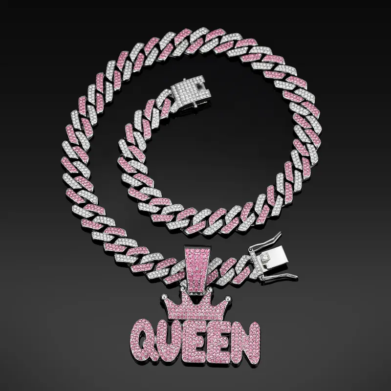 Women's Hip-Hop Crown Necklace, Blush Pink Letter Pendant with Diamond Accents on a Zinc Alloy Cuban Chain, 51-60cm, Diamond Detail Necklaces, Hip-Hop Inspired Necklaces Diamond Initials Necklaces Cuban Cross Necklace