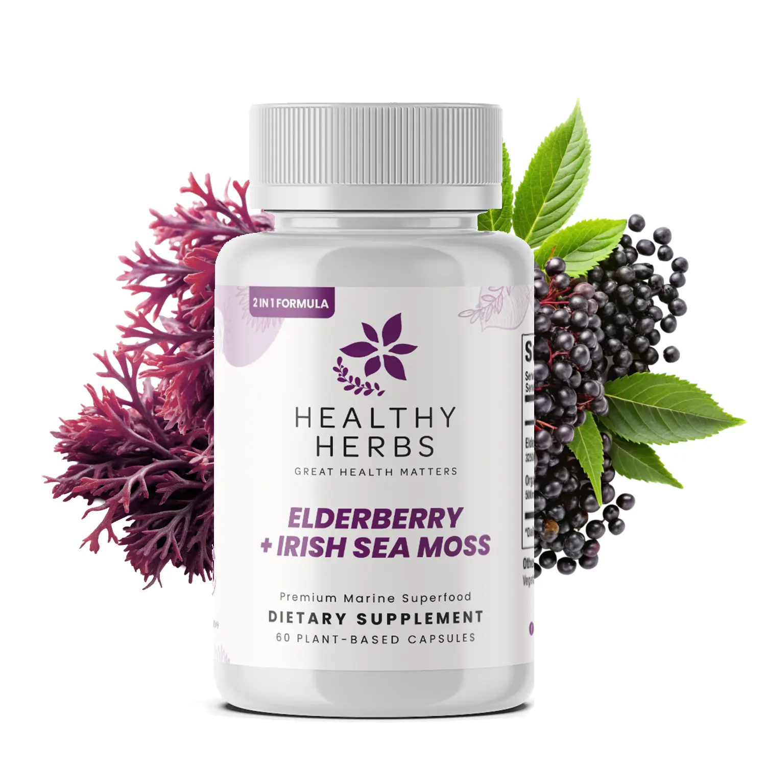 Elderberry & Irish Sea Moss Extract Capsules - Botanical, Gluten-Free, GMO-Free Dietary Supplement for Immunity Boost, Immune & Thyroid Support (60 Capsules, All Ages Fitness Edible)