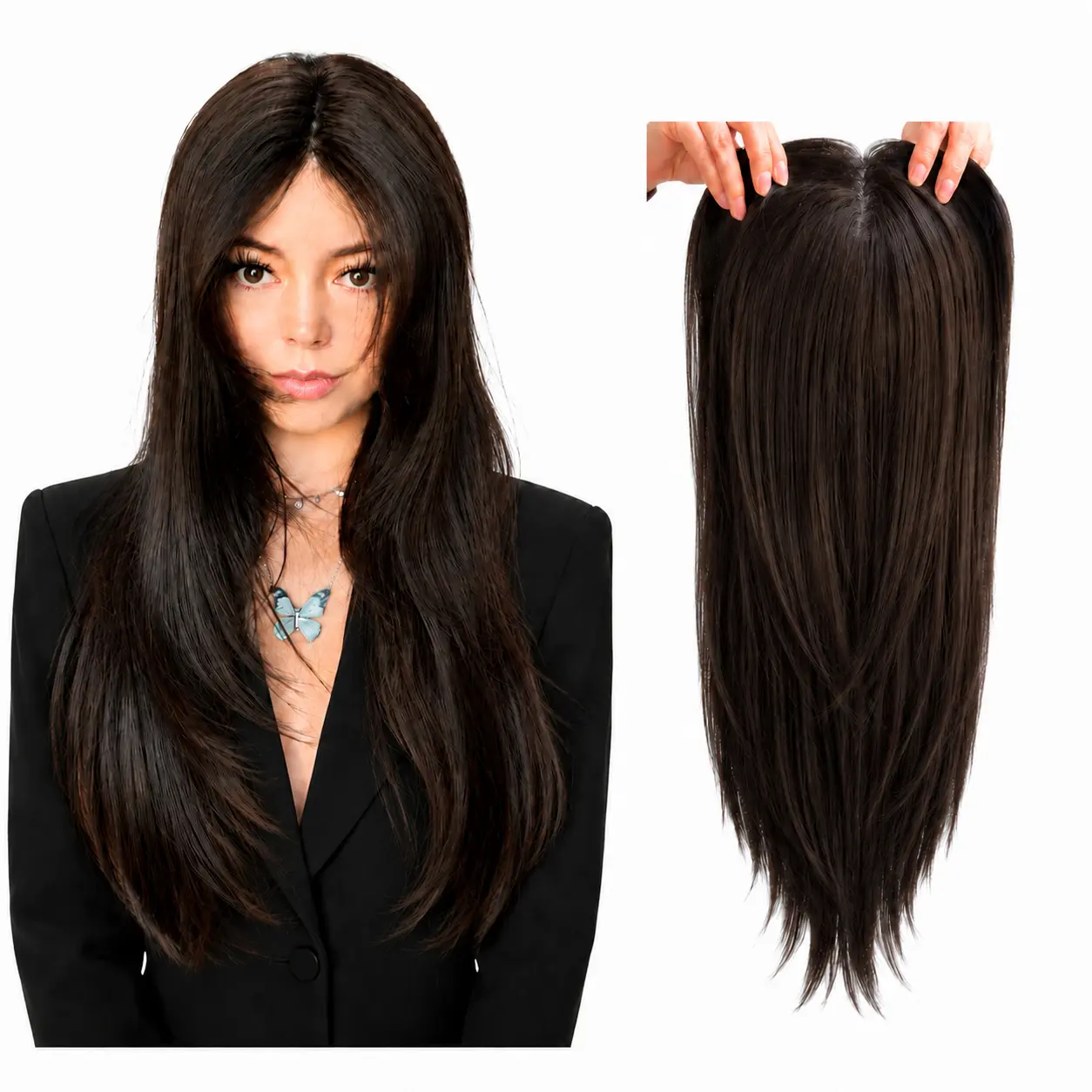 Full Coverage Hand Tied Hair Topper Cap-Free Wig No Glue or Wig Cap Needed Natural Hairline Blends Seamlessly with Your Hair Instant Volume&Length No Excess Lace, No Glue, No Hassle More Coverage Than a Topper, Easier Than a Wig | Instant Hair Enhancer