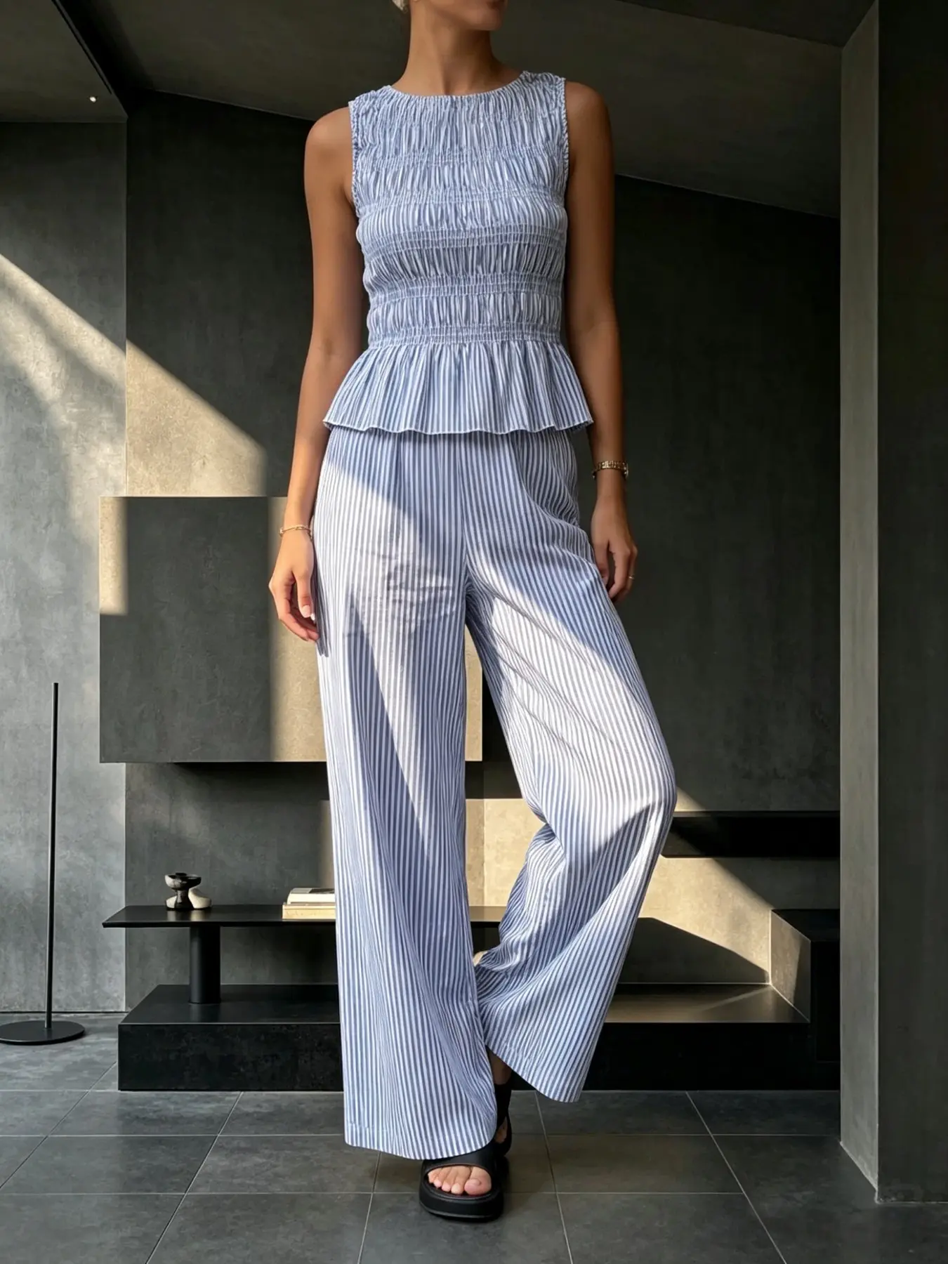 Summer Pure Desire Women's Blue Striped Clothes Set, Sleeveless Shirred Top + High Waist Wide Leg Pants, Casual Two-Piece Womenswear