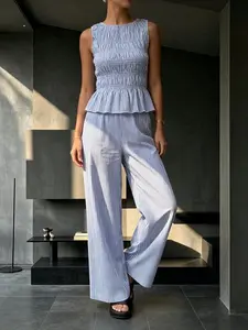 Summer Pure Desire Women's Blue Striped Set, Sleeveless Shirred Top + High Waist Wide Leg Pants, Casual Two-Piece Womenswear