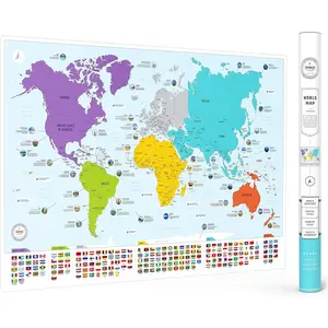 Large Educational World Map Poster for Wall with Flags Capitals & 50 Interesting Facts, Colorful Global Map for Kids Adults, Decor for Classroom & Homeschool