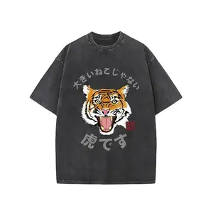 Men's washed black T-shirt with Japanese pattern and kanji print - soft and breathable round neck short-sleeved T-shirt, loose retro street style