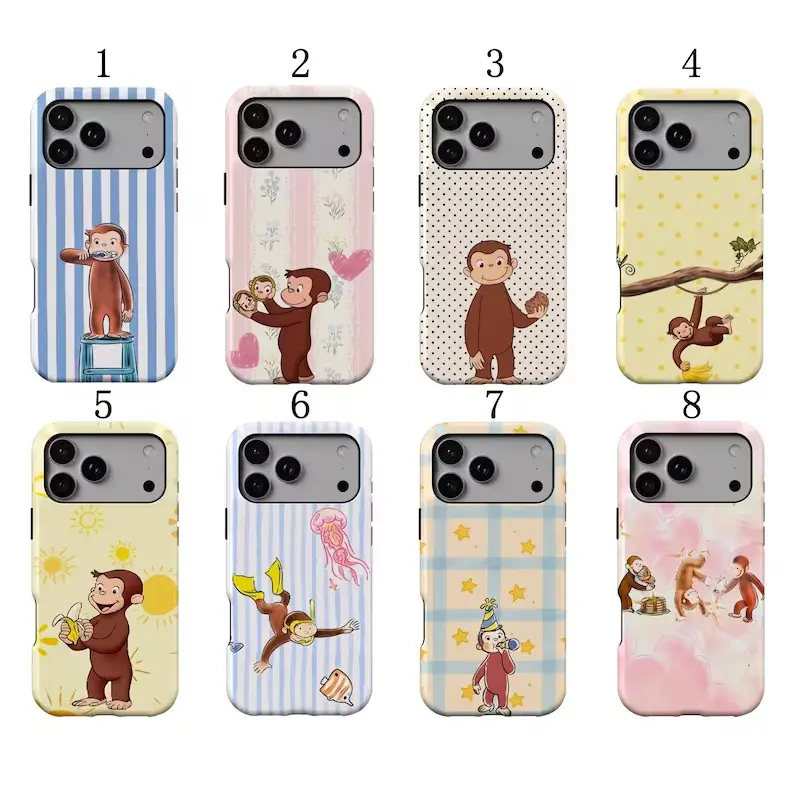 Cute Curious Monkey Phone Case, Cartoon Animal iPhone Case, Vintage Storybook Phone Cover. Kawaii Aesthetic Phone Case for iPhone 17 16 15 14 13 12 Pro Max Mini Samsung S26 S25 S24 S23 S22 S21 Ultra Plus FE MagSafe compatible Smartphone