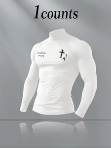 Men's High Neck Long Sleeve Slim Fit Thermal Top, Thermal Menswear, Casual Letter Pattern, Summer Wear, Moderate Fabric Thickness, H Type Silhouette