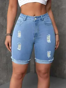 2026 New Spring Women's Blue Denim Bermudas, Slim Fit Stretch Hole-Cuffed Shorts, Stylish Aesthetic Comfortable Everyday Design with Button