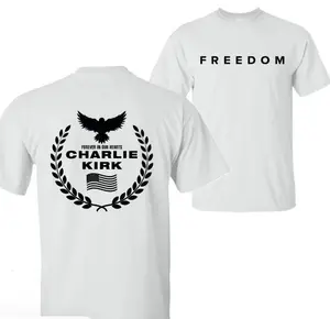 Freedom Charlie Kirk Memorial T-Shirt, A True American Patriot Eagle Wreath "Forever in Our Hearts" 2 Sided Graphic Unisex Cotton Tee for Men and Women, Apparel Made In The USA	