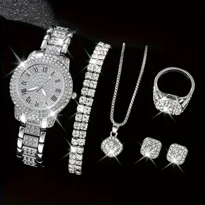 6 Pcs Round Rhinestone Quartz Watches Stainless Steel Strap Zinc Alloy Pointer Zinc Alloy Dial And Rhinestone Bracelet Necklace Earrings Jewelry Perfect Gift For Valentine's Day, Easter, Ramadan, Birthdays, Mother's Day, Friends And Eid Al-Adha