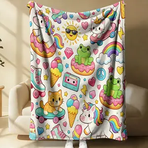 Unicorn,Frog and Donut Cartoon-Themed Design Print Flannel Throw Blanket.Made of Soft Flannel Material, Suitable for Home Decoration, Camping and Travel. Vibrant Decorative Blanket with Lively and Enjoyable Design