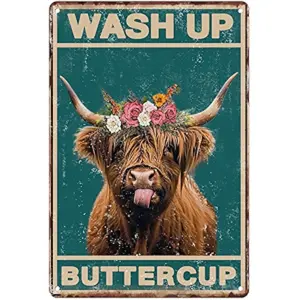 Vintage Highland Cow Humor Wash Up Buttercup Metal Wall Art Sign For Home Bathroom And Toilet Decor
