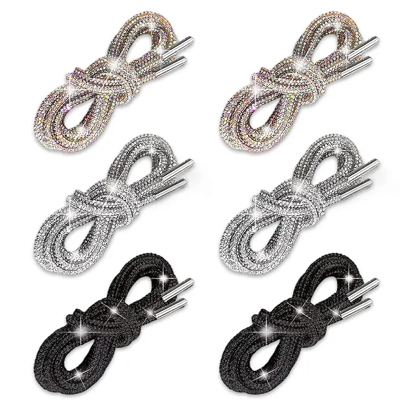 3 Pairs Rhinestone Shoelaces, 55in Faux Crystal Glitter Round Ropes, Battery-Free DIY Accessories for Sneakers & Boots, Shoelace