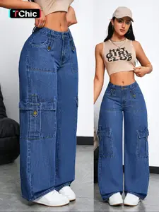 Women's Stretchy Multi-Pocket Jeans Pants, Fitted Straight Leg Denim Jeans, Casual Street Style, All Seasons, Elegant Design