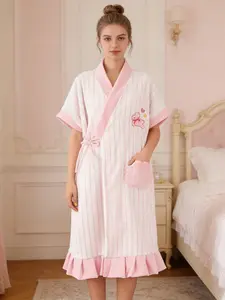 Women's Coral Fleece Striped Sleeprobe, Cartoon Rabbit Embroidered Bathrobe, Sweet Ruffle Tie Waist Homeewear, Loungewear