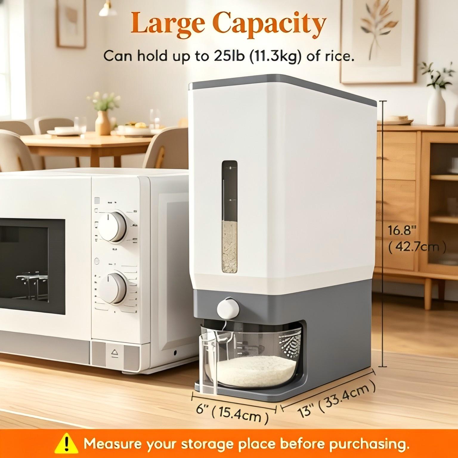 25 Lbs(11.3kg) Rice Dispenser, Sealed Moisture Proof Rice Storage Container with Measuring Cup for Kitchen Pantry Household Use, BPA-Free, 1 Pack Grey