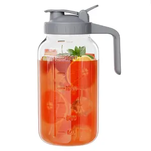 Glass Mason Jar Pitcher, 64 oz Wide Mouth Jug with Pour Spout Handle Lid for Cold Brew Coffee, Ice Beverage, Iced Juice, Lemonade, Sun Tea, Fruit Drinks Container