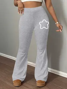 Pattern Print Women's Casual Slim Fit Flare Pants, Casual Fashion Trousers, Long Regular Length, Elastic Waist, Plain Pattern, Spring Autumn Winter Home Wear, Casual Fitted Bottoms