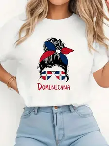 Funny T Shirts White Dominicana Dominican Girl Republica Dominicana Republic T-Shirt 100% Cotton, Breathable & Comfort Fit, Short Sleeve Crew Neck Top For All Seasons