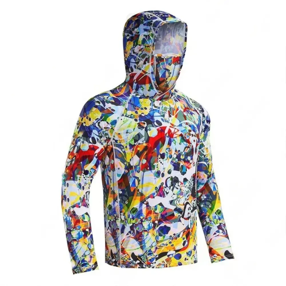 Men's Graphic Print Hoodie Sweatshirt, Long Sleeve Sun Protection Fishing Shirt with Face Mask, Quick-Dry & Breathable for Hiking, Graphic Print Sweatshirt outdoor men