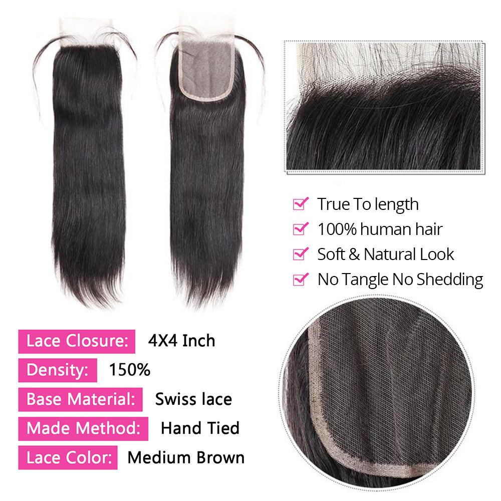 Brazilian Straight Bundles with Closure Human Hair Bundles with Lace Closure Straight Human Hair 3 Bundles with 4x4 Closure SpringStatements