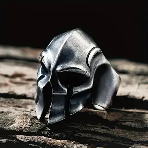Men's Adjustable Open Band Ring, Vintage Viking Helmet Design, Warrior Mark, Punk Retro Spartan Style, Hip Hop Fashion Ring