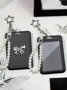 Star-Shaped Card Holder with Imitation Pearl Chain and Bow Decoration, Perfect for ID and Card Storage, Great Gift for All Occasions, Gift Versatility