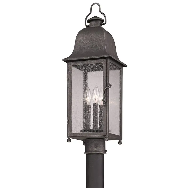 Larchmont Outdoor Post Light - Hand-Forged Iron, Square Bell Roof, Clear Seeded Glass