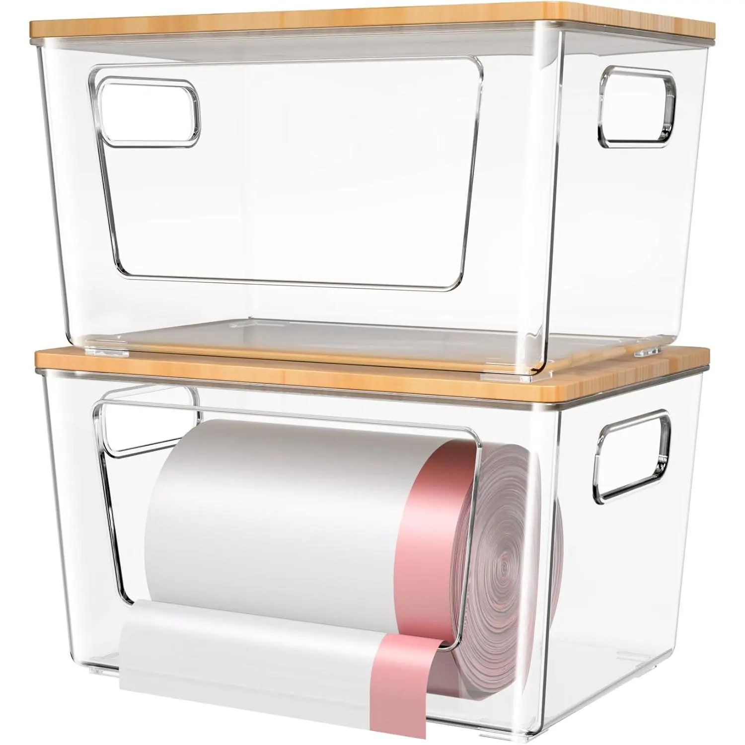 2-Pack Stackable Trash Bag Holder – Extra Large Dispenser with Bamboo Lid – Versatile Storage for Garbage Bags, Food Wraps, Foil, Sandwich Bags & More – for Kitchen, Laundry & Under Sink Organization
