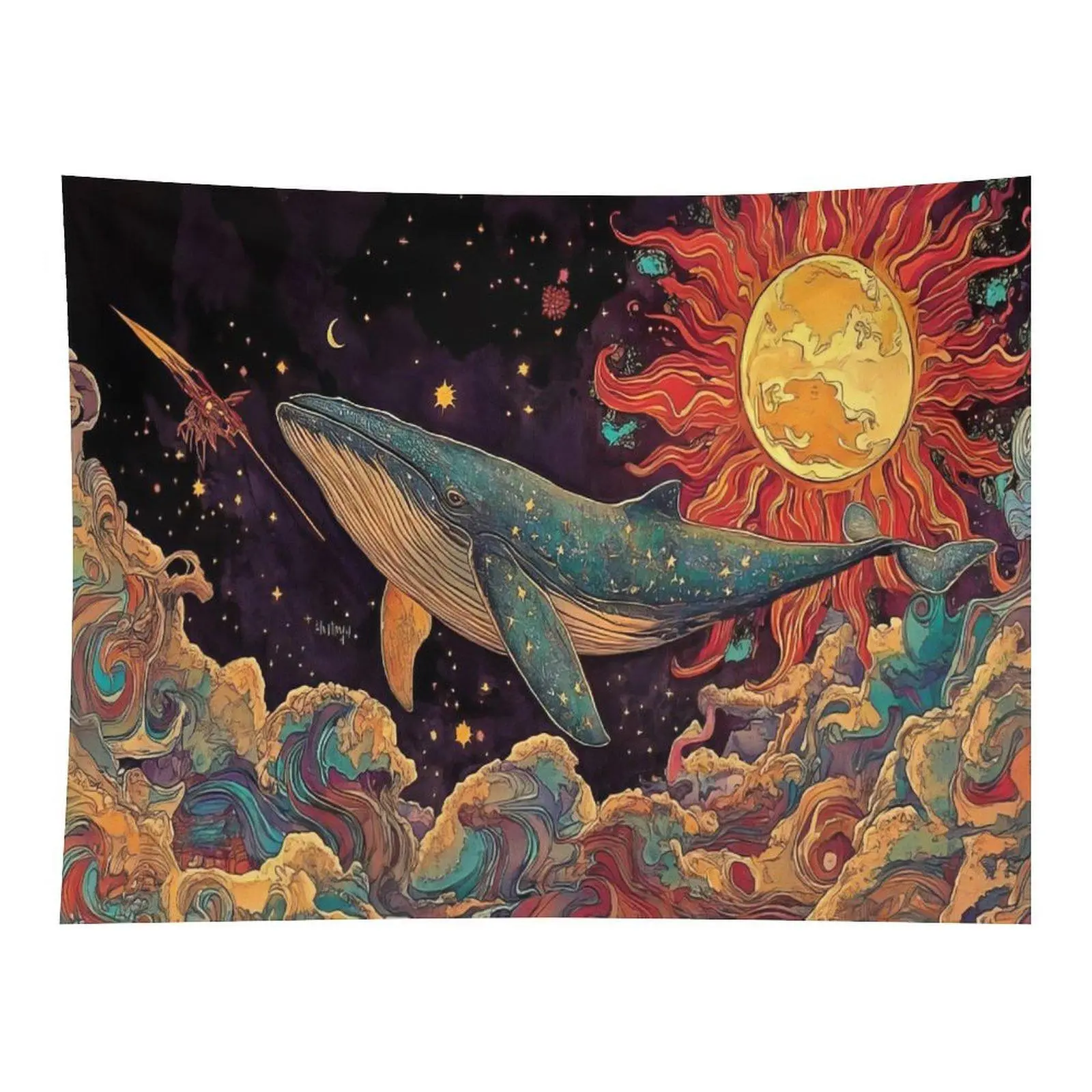 Cosmic Space Whale Fabric Wall Tapestry - Vintage Celestial Art with Sun, Moon, Stars, Cloud, Ocean, Mystical Hippie Style Rectangular Wall Hanging for Bedroom Home Decor, Wall Hangings