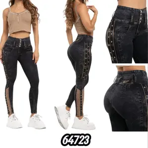 Colombian Jeans REF.64723 Dark Grey and Camel Butt Lifting Jeans with Mesh Bubble Waistband for Women Pockets Light Skinny Slim Fit